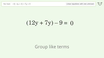 Linear equation with one unknown: Solve -3(-4y+3)+7y=0 step-by-step solution
