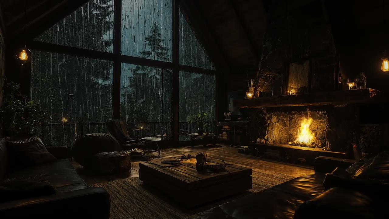 Dark Rainy Cabin Night 🌧️ Fireplace Sounds for Stress Relief & Good Sleep