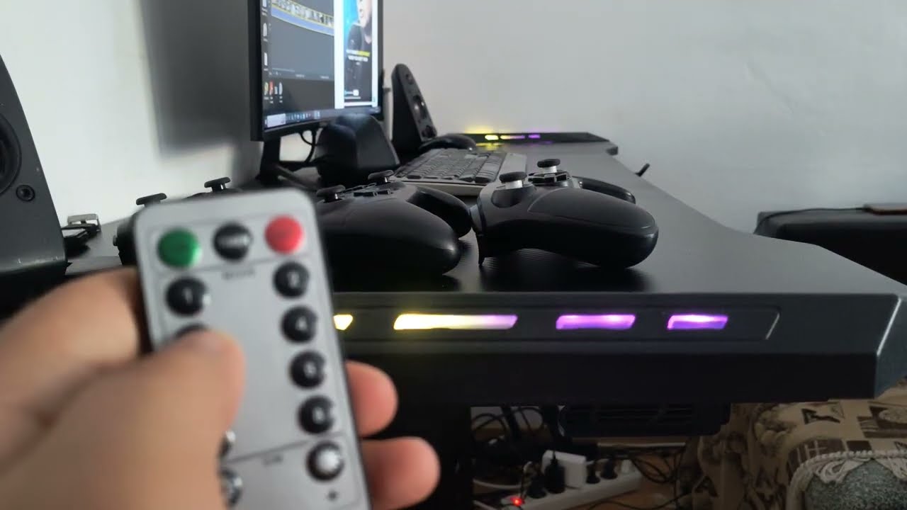 Best Cheap Black Multi-Functional Gaming Desk with Headset & Cup Holder led with remote