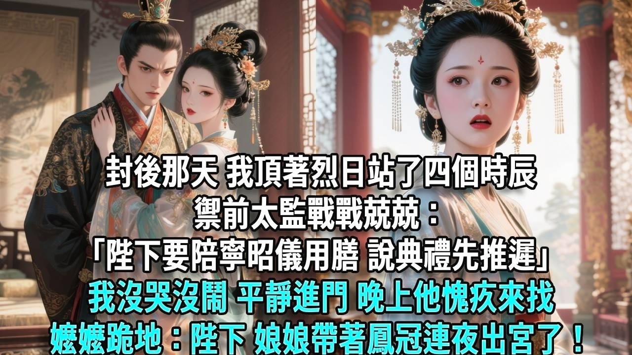 封后那天，我頂著烈日站了四個時辰，御前太監戰戰兢兢：「陛下要陪寧昭儀用膳，說典禮先推遲。」我沒哭沒鬧，平靜進門，晚上他愧疚來找我，嬤嬤跪地：陛下，娘娘戴著鳳冠連夜出宮了！