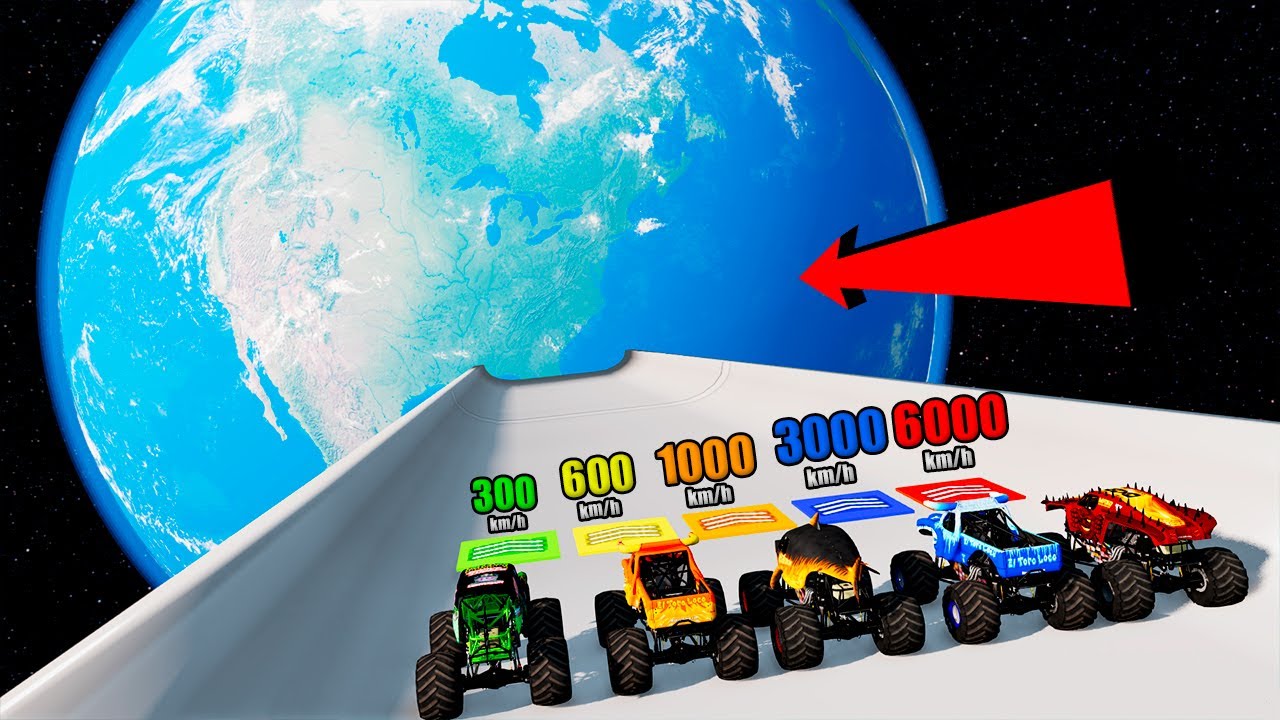 Epic MONSTER TRUCK Speed ​​Boost (300, 600, 1000, 3000, 6000 km/h) - BeamNG Monster Truck Crashes