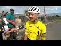 Arrivée de la 5ème étape. Anthony Pothin, maillot jaune, au micro de Claudette Vaitilingom