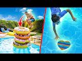 DÉFI PISCINE - CHASSE AUX POP IT SOUS L'EAU et SAUT DANS 4 BOUÉES EMPILÉES !