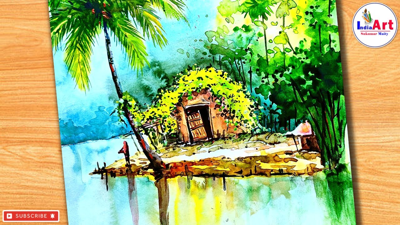 Indian Village | Scenery Drawing | Watercolor Painting Landscape | Watercolor Painting for Beginners