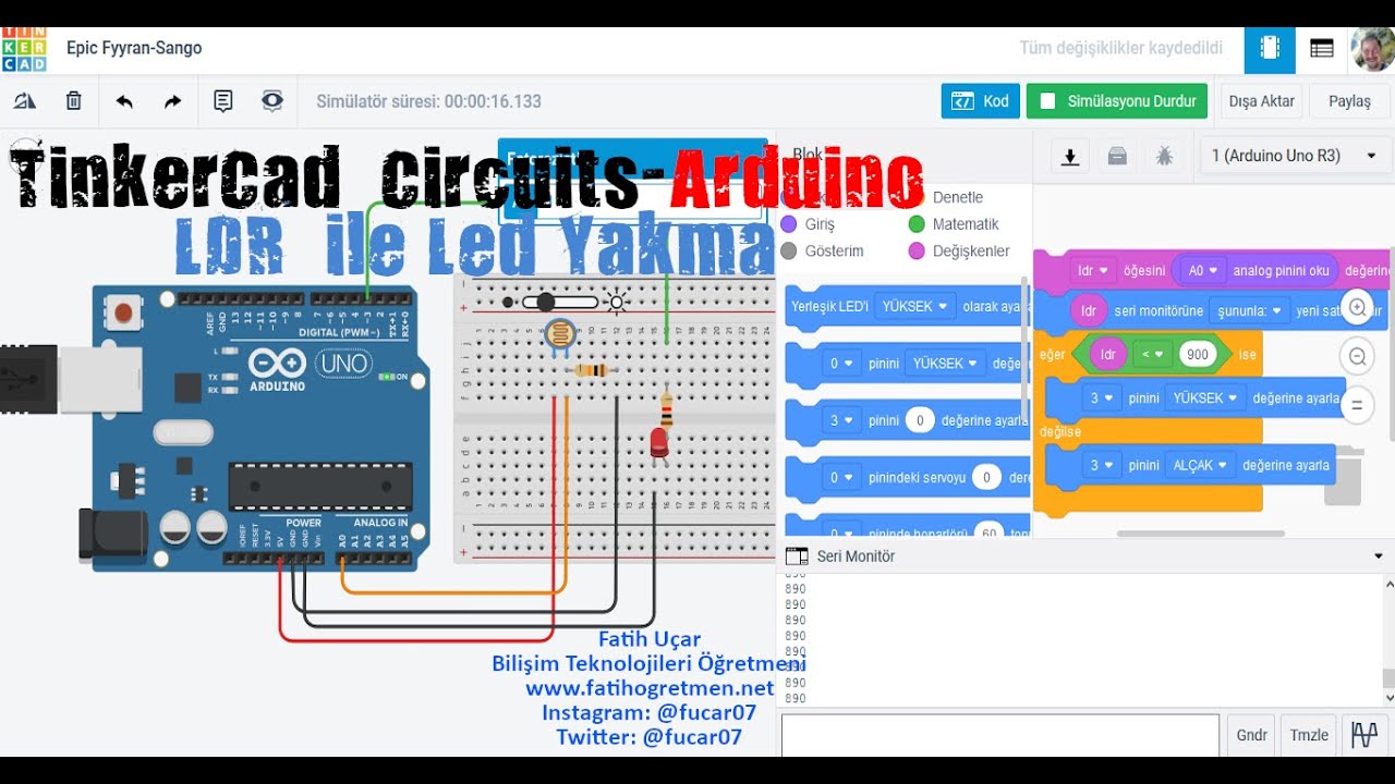 #5-Tinker Cad Circuit ile Arduino - LDR Led Yak - YouTube