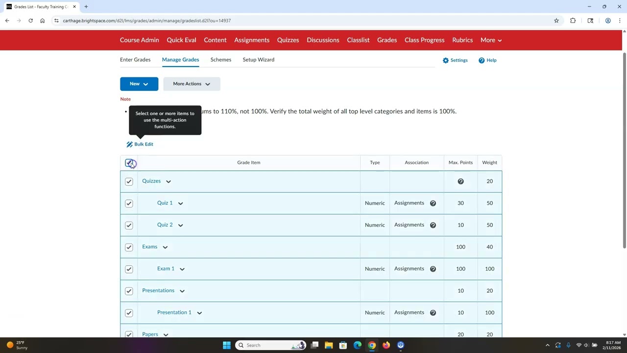 Weighted Categories Gradebook not adding up to 100% ? (Brightspace/D2L)