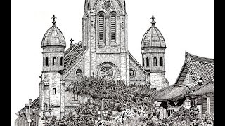 Pen drawing전주한옥마을에 위치한 전주전동성당(Jeonju Jeondong Cathedral)