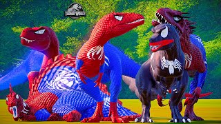 All Red Super Spiderman Dinosaurs vs Godzilla Venom in JWE Epic Dinosaur Battle #spiderman #dinosaur