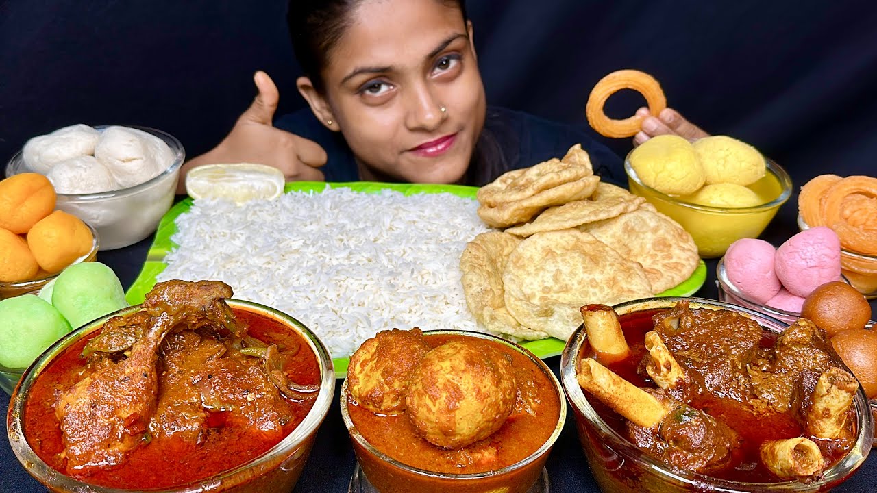Spicy Mutton Rogan Josh Egg Curry Kadai Chicken With Puri Rice Rasgulla Mango Rasgulla Eating