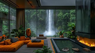 Soothing Jazz Music in Cozy Living Room Ambience With Fireplace And Rain Sounds for Relaxing Weekend