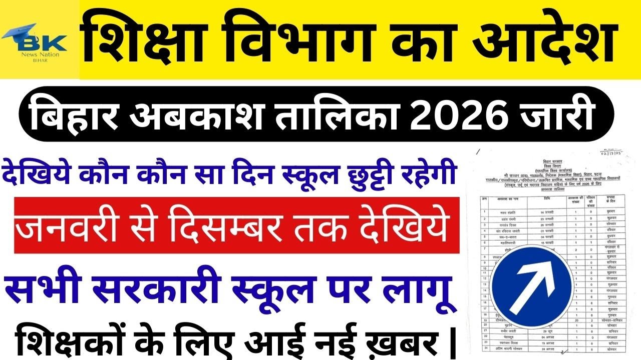बिहार स्कूल हॉलिडे लिस्ट 2026 जारी  शिक्षा विभाग ने पूरे वर्ष की छुट्टियों की सूची जारी | Holidays26