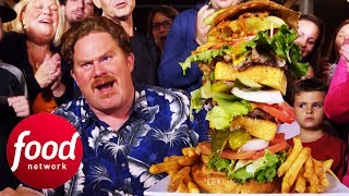 Celebrity Can Casey Take Down Crabby Joe's 4LB Surf & Turf Challenge? | Man v Food Wealth