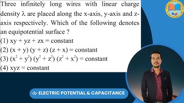 Three infinitely long wires with linear charge density λ are placed along the x-axis, y-axis #jee