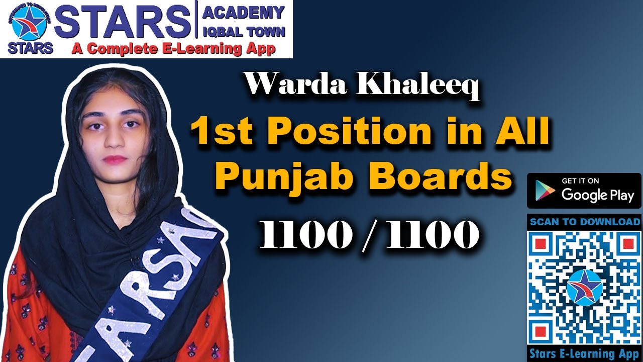 First Position In Lahore Board 1100 out of 1100 | Warda Khaleeq by Stars academy lahore​