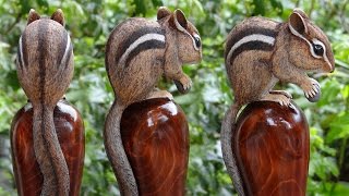 Wood Carved Chipmunk and Diamondback Rattlesnake Walking Stick #50