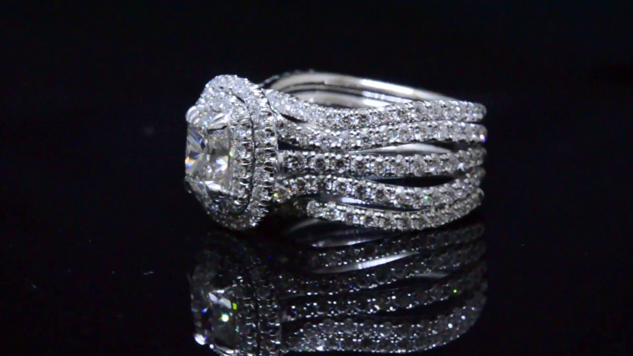 Natural Cushion Double Halo 3 Row Curved Ring with 2 Matching Bands