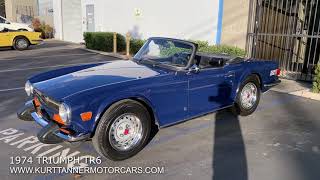 1974 TRIUMPH TR-6 CONVERTIBLE. ORIGINAL COLORS OF SAPPHIRE BLUE WITH BLACK TRIM.