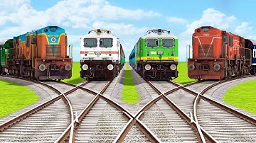 4 TRAINS CROSSING EACH OTHER AT FORKED BUMPY RAILROAD TRACKS | Railroad Crossing | Train Simulator