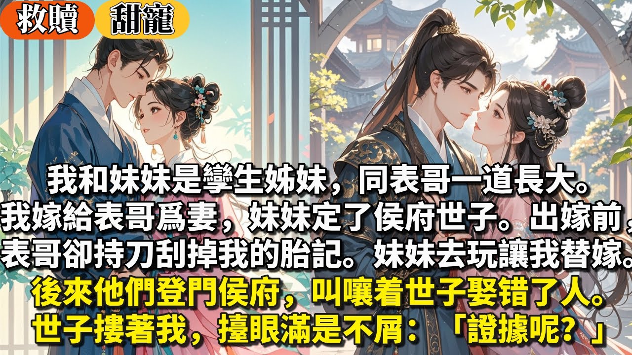 完結超好看暖心救贖甜寵文：我和妹妹是孿生姊妹一道長大。我嫁給表哥爲妻，妹妹定了侯府世子。出嫁前表哥卻持刀刮掉我的胎記，妹妹去玩我替嫁。後來他們登門侯府叫嚷世子娶错了人。世子摟著我擡眼滿是不屑：證據呢？