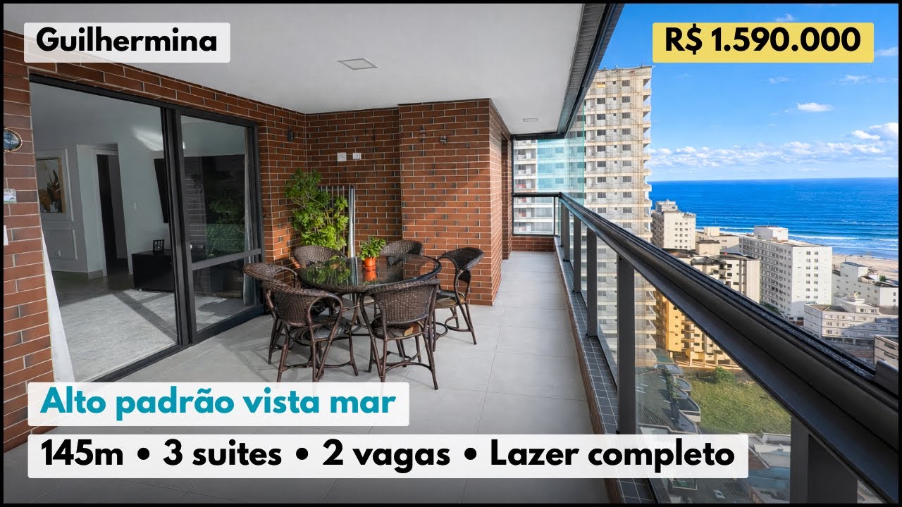 Apartamento com 3 suítes vista mar na Guilhermina, Praia Grande -SP