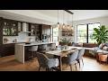 Modern Open Plan Kitchen and Dining Area With Wooden Island, Marble Countertop and Large Windows