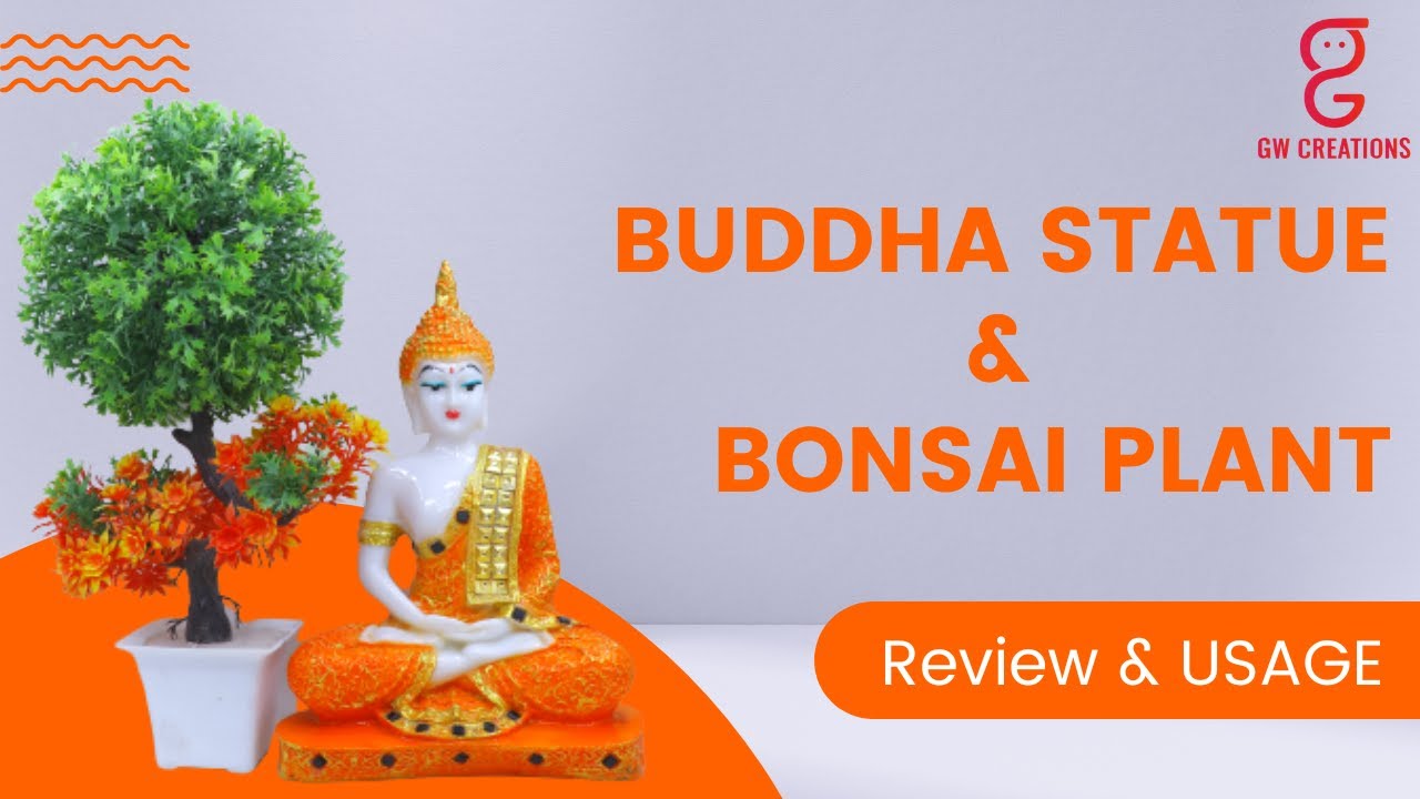 Buddha statue and Green Leaves Bonsai Plant |  Orange Shading | GW Creations