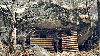 Alone  build bushcraft shelter with fireplace under a stone | survival shelter by river side