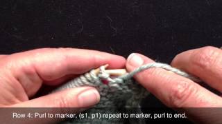 Making a Flat, Top-Down, Impeccable DK Pocket (Without Breaking Your Yarn)
An impeccable, double knit pocket, for a single knit fabric, worked from the open end. (A bottom up pocket can be found on my Double Knitting Delight DVD available from LittleBarnStudio.ca)
This pocket is suitable for a single knit to and fro, top-down situation.
In preparation, cast on and work a 4 row piece of stocking stitch as wide as the future pocket, in brightly contrasting, similar weight, waste yarn. Cut off waste yarn.
With additional planning this ‘waste yarn’ could also be utilized as the facing and finishing for the top of the pocket and need not be removed later.
Establishing the Double Layer
With RS facing: Slip stitches to the right-hand needle until you reach the pocket position, PM, holding the waste yarn flap at the front of the work, (s1, s1 waste yarn st onto the right-hand needle), repeat across the intended pocket width, PM. Stop. Slip all stitches back to the left-hand needle.
The waste yarn stitches will form the pocket front, the existing stitches form the lining. The stitches are set up with the Far layer stitches ahead of the Near layer stitches.
Row 1 RS: Knit to pocket position, (s1wyif, k1) repeat to end of pocket marker. TURN
This knits all the WY stitches = 1 row pocket front and one row on the right hand side.
Row 2 WS: (S1, p1) repeat to marker, TURN.
This purls one row of Pocket back.
Row 3 RS: (S1wyif, k1) to pocket marker, knit to end.
This knits a second row of the pocket front and left hand side.
Row 4 WS: Purl to marker, (s1, p1) to end of pocket marker, purl to end.
This purls a second row of the pocket back and a second row on both the left and right hand sides.
Repeat Rows 1 - 4.
Closing the Pocket Bottom
With RS facing, Far sts ahead of Near: Knit to pocket position, k2t across the pocket and knit to end.
To release the pocket top stitches; cut away the waste yarn and pick up the Australian Cousin stitches released. There will be one fewer Australian Cousin stitches than the width of your pocket. Apply a pocket top to these stitches.
Note that for every 2 rows of garment that are created, there are two front pocket rows and two back pocket rows. See the diagram (right) for the path of the yarn. Be careful of gauge changes if working a large area.
When working a DK pocket from the opening edge to the closed end, it is necessary to determine which way the pocket should open (inside or outside) at the outset. If you wish for an interior opening pocket the waste yarn stitches must be placed in the pocket back situation.
Double knitting has a different gauge to single knitting with the same yarn and needles (it is looser). I would counteract this by either working the pocket stitches with a deliberate increase in yarn tension or by putting the pocket stitches plus about 5 on either side onto a smaller diameter circular needle and work it using this needle.
Other Pockets
A flat, closed-end up pocket can be found on my Double Knitting Delight DVD
A round, closed-end up pocket can be found in my Craftsy class Foundations of Double Knitting.
Thanks for watching, please subscribe to see new videos. My former website is now closed BUT you can now find all my patterns, e-books and virtual knitting technique DVDs at their new home at LittleBarnStudio.ca. Im Lucyknit on Instagram.
Patterns and Cool Socks Warm Feet and Cool Knitters Finish in Style books are also available on Rav.
Also available at Craftsy.com are:
Foundations of Double Knitting
Fearless Knitting
My First Socks
Next Steps in Socks
Many Happy stitches, Lucy Making a Flat, Top-Down, Impeccable DK Pocket (Without Breaking Your Yarn)