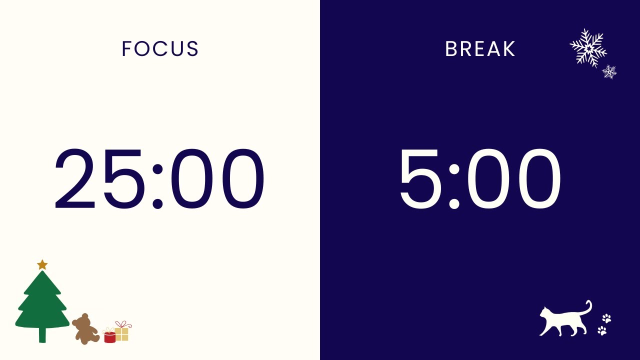 2 hour Pomodoro Timer 25/5 with a Little Cat 🐈‍⬛🎄💙 No Music, Holiday Edition, Navy Calm Study
