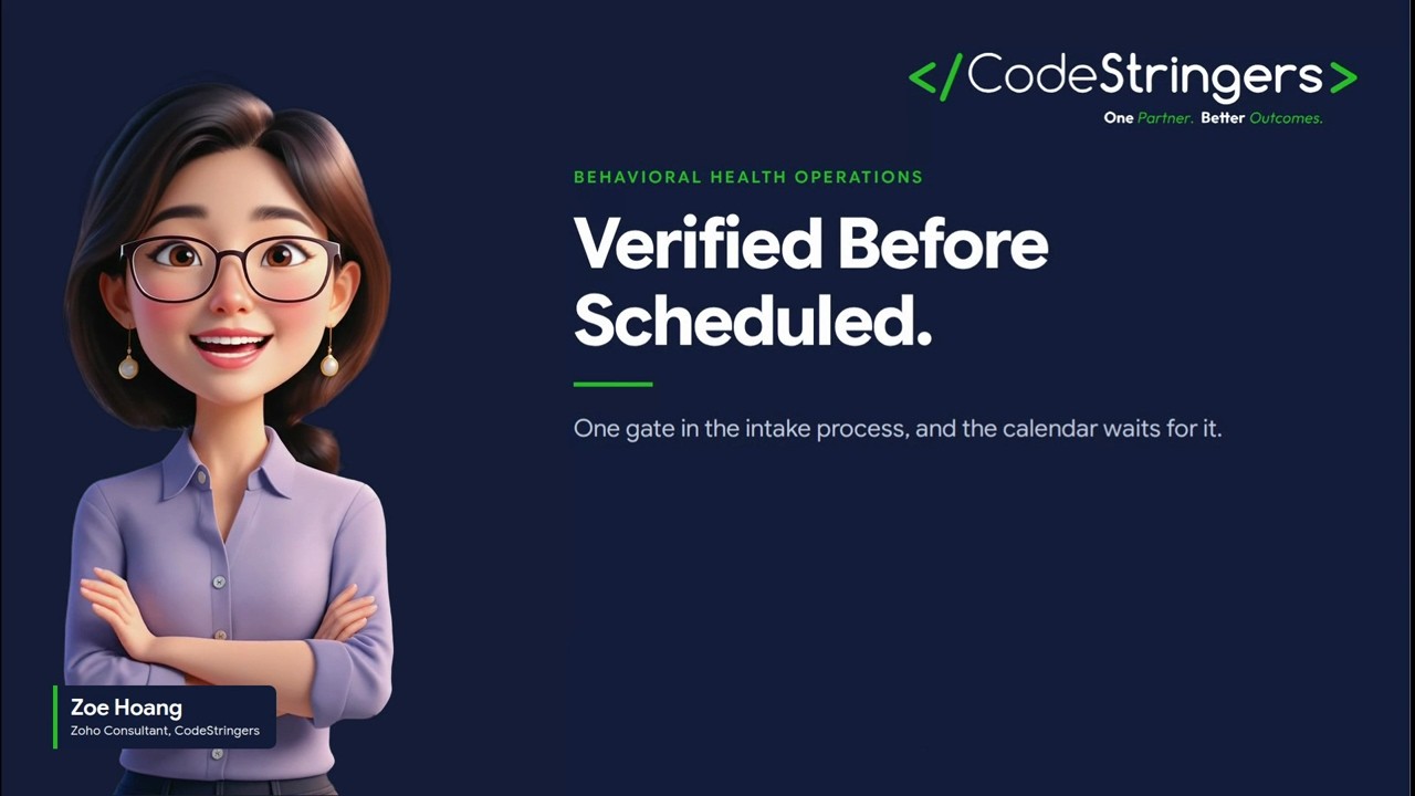 Title card: Verified Before Scheduled, with presenter Zoe Hoang
