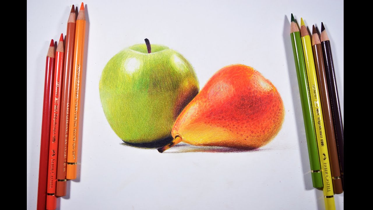 Drawing a green apple and pear -- Faber castell