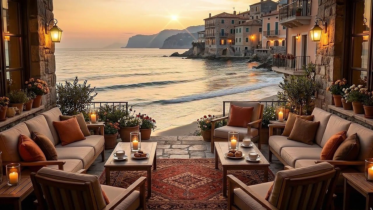 Cinematic Autumn Cafe Ambience | Sunset Seaside View for Deep Focus & Study
