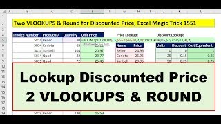 Excel Magic Trick 1551: Lookup Discounted Price? 2 VLOOKUPs & ROUND