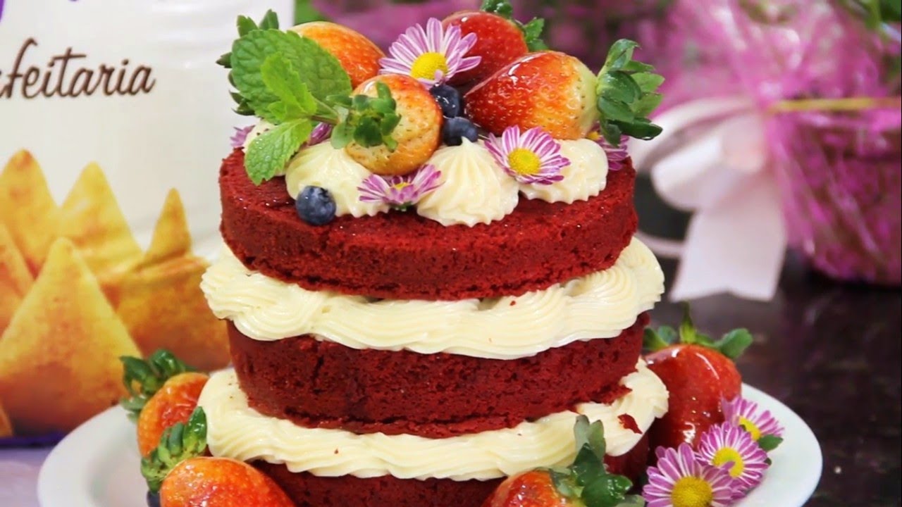 Red Velvet And Vanilla Naked Cake With White Peonies