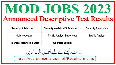 MOD Announced Descriptive Test Results | Sub Inspector, Security Sub Inspector, Security ASI | 2023