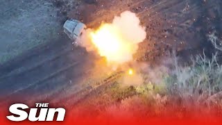 Ukrainian drones blow up Russian vehicle igniting rockets onboard