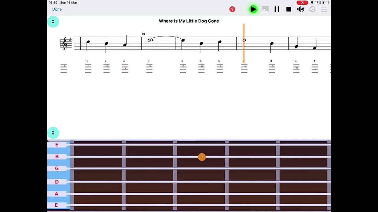 "Where Is My Little Dog Gone" - note names, guitar tab & backing track.