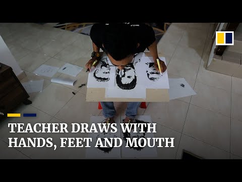 Malaysian teacher draws 5 portraits simultaneously with his hands, feet and mouth