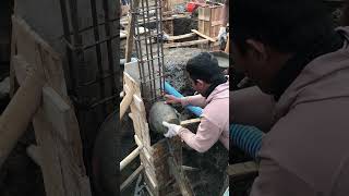 Traditional construction method: pouring concrete into column formwork #construction