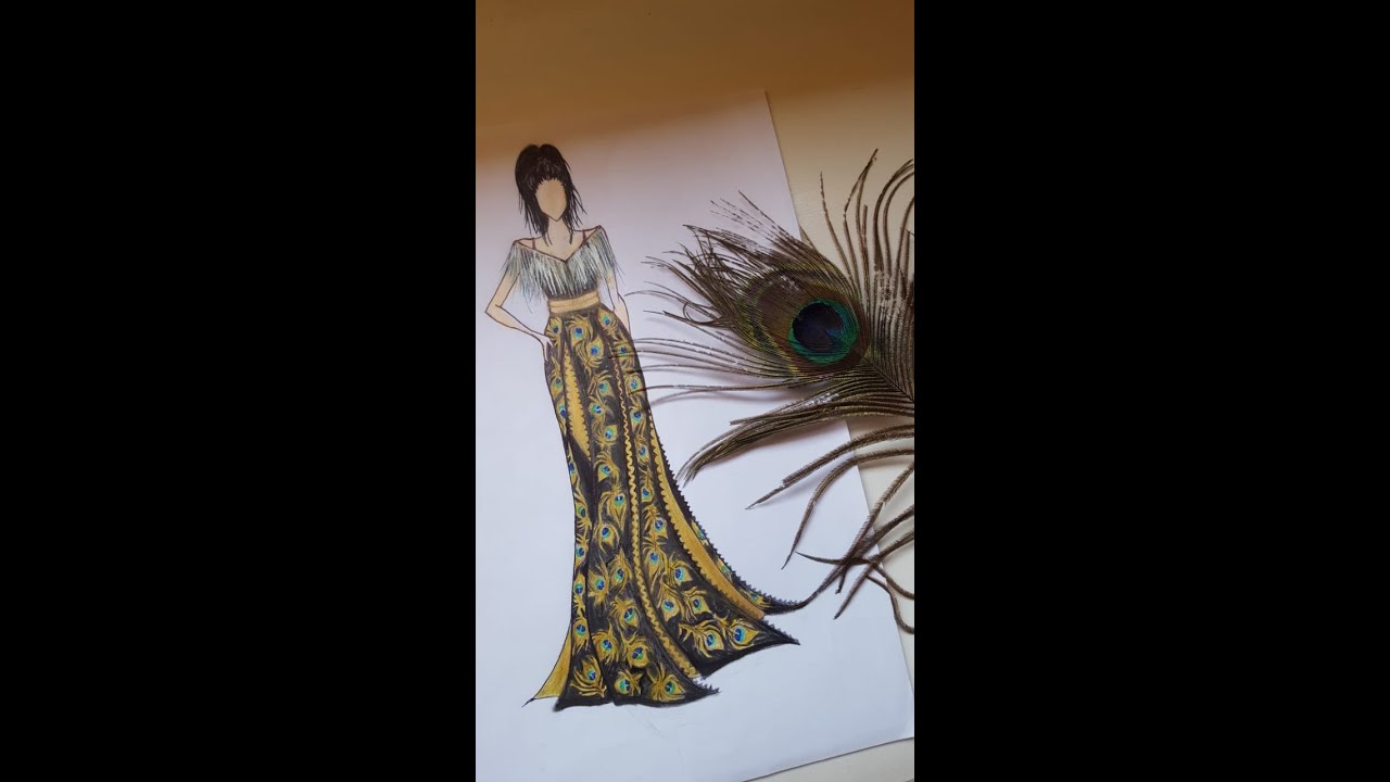 Fashion illustration ( Peacock feather )/ تصميم فستان مستوحى من ريش