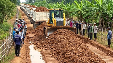 Komatsu D58A Bulldozer Skill! Perfect Soil Leveling as Dump Trucks Feed Continuous Road Base