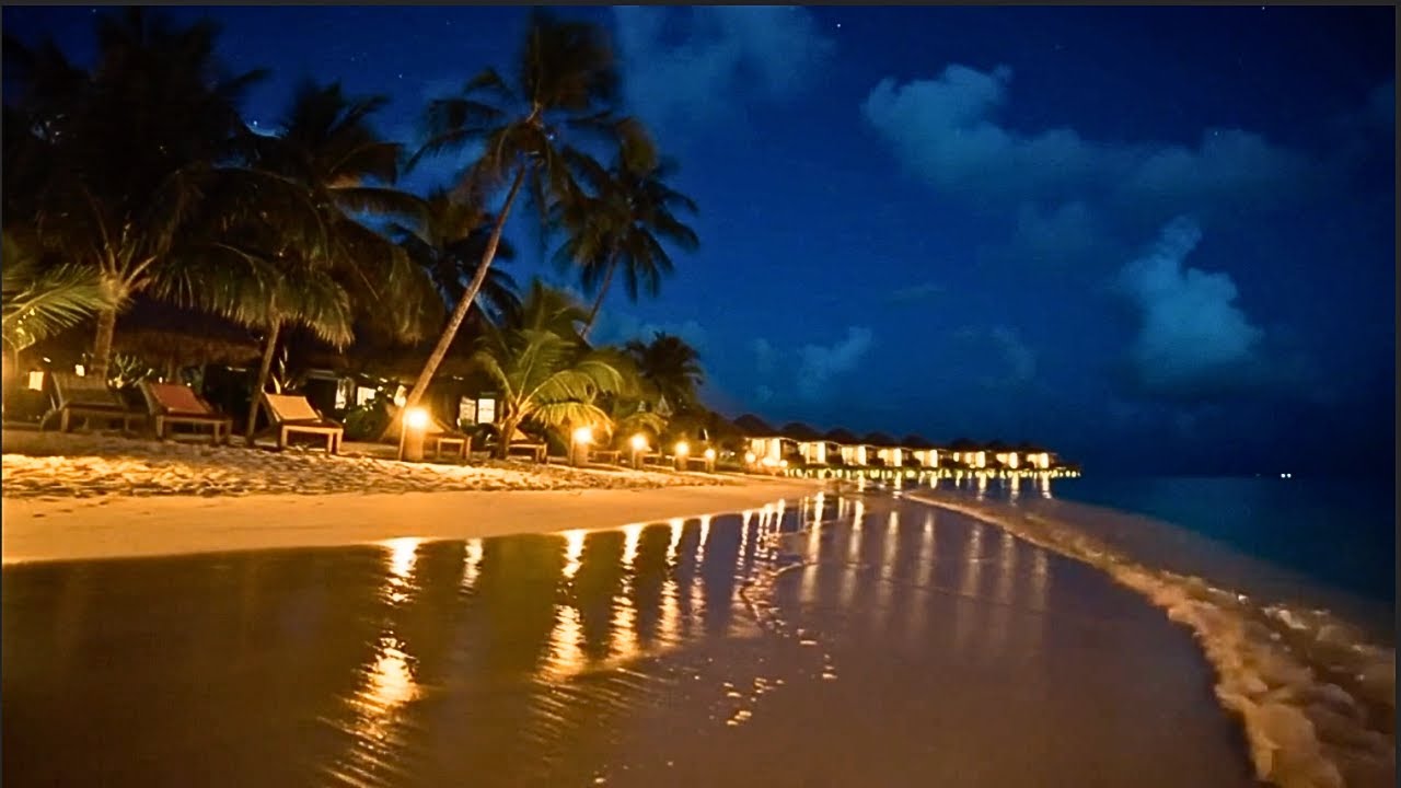 Gentle Ocean Waves at a Luxury Maldives Beach at Night | Ocean Sleep Sounds