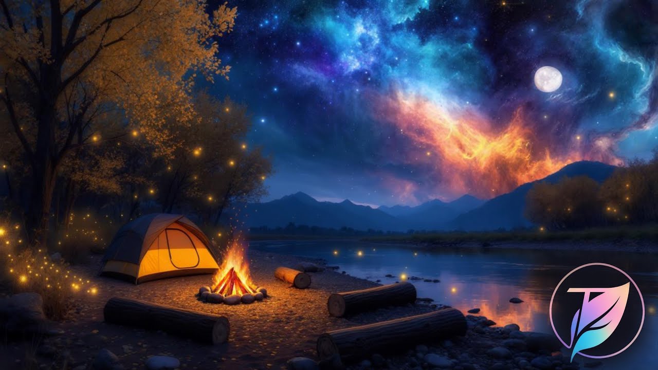Peaceful camping animated painting calming campfire sounds relaxation background video 4k