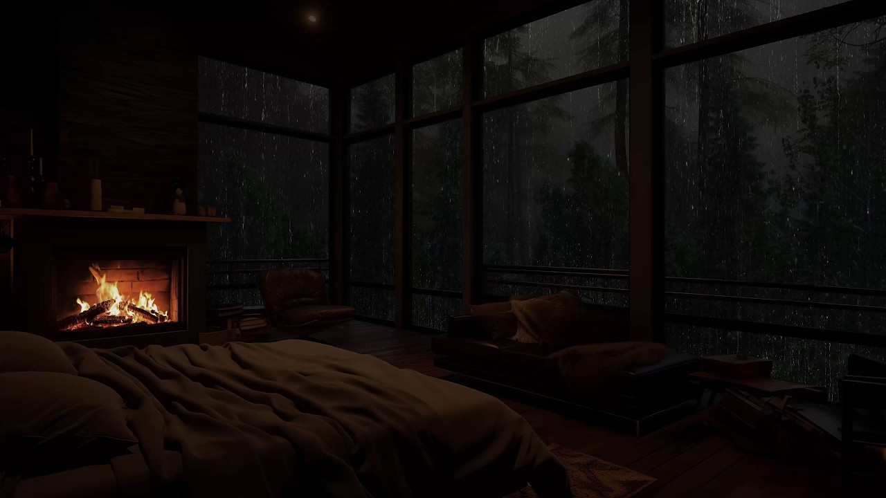 Cabana aconchegante com lareira e chuva na floresta tropical para dormir e relaxar