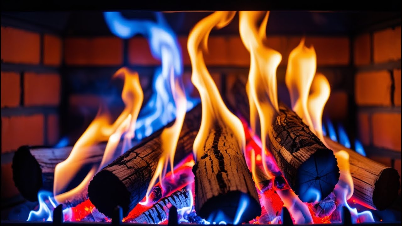 🔥Close Up Burning Logs Fireplace 4K – Crackling Flames with Blue Glow and Gentle Ember Pops.