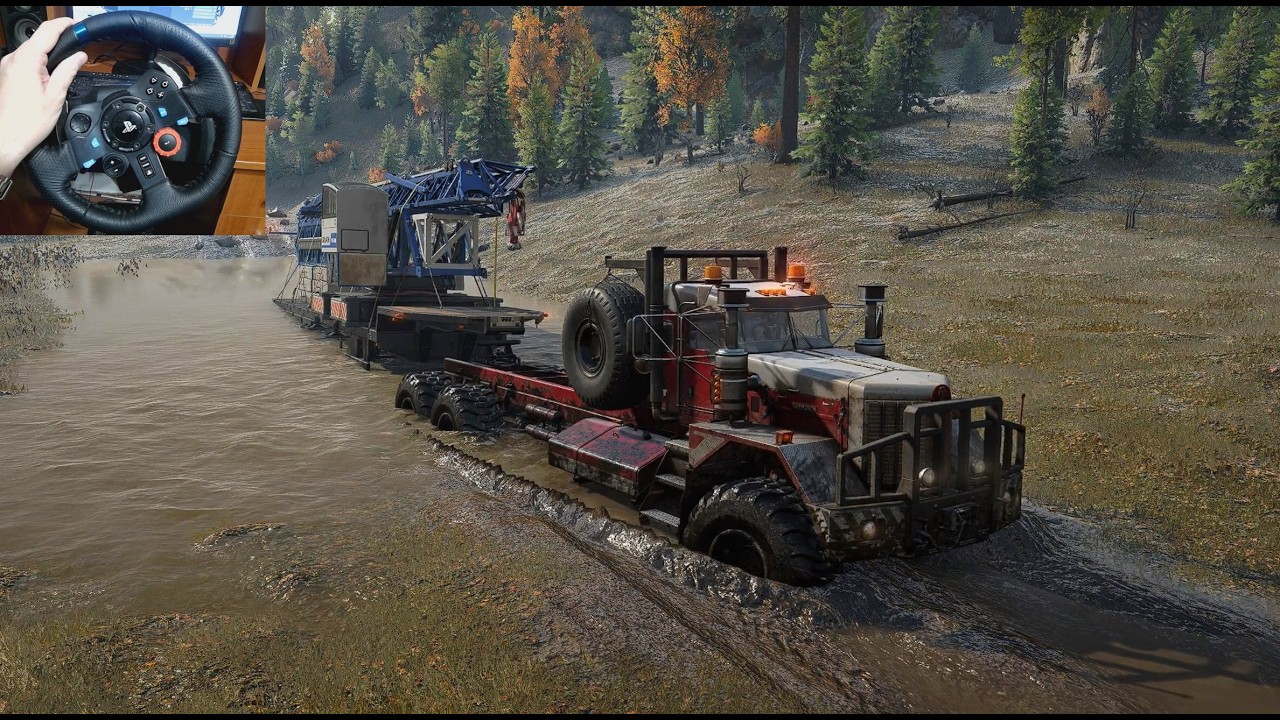 Kenworth 963 Hauling a Heavy Crane Through Flooded Forest Roads | SnowRunner | Logitech G29