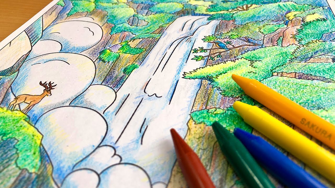 クーピーで描く風景画 宮城の塗り絵 晩夏の秋保大滝 塗り絵pdfデータ 無料ダウンロード Youtube