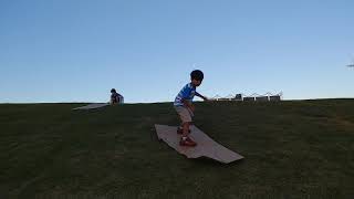 Grass Sledding on Cardboard