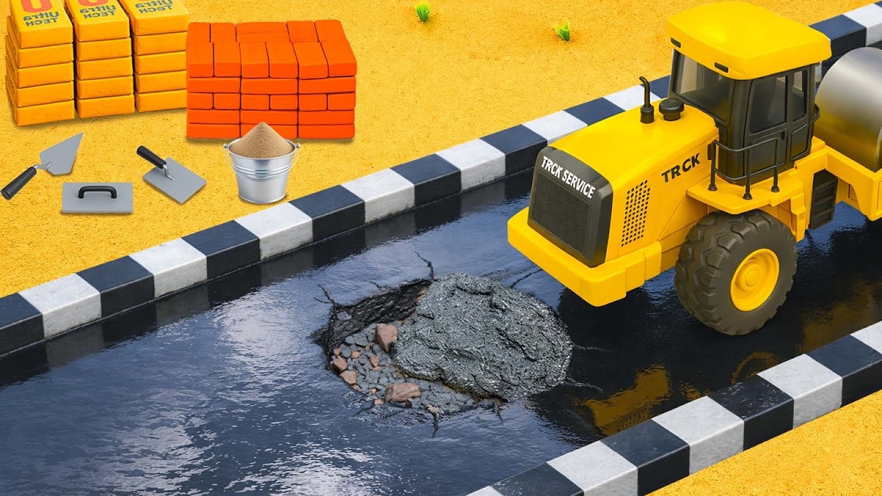 DIY Construction Science Project - Mini Truck Repairs Broken Concrete Road With Bricks and Cement