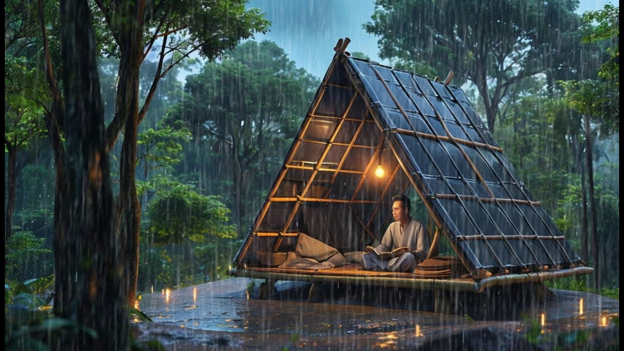 Bullding a Warm Bushcraft Shelter // In the VERY HEAVY RAIN ...